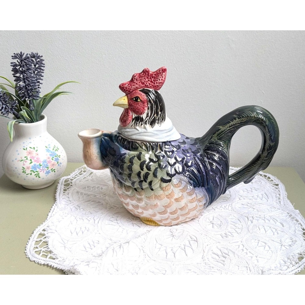 Vintage Rooster Teapot Ceramic Chicken Tea Pot Hand Painted Farmhouse Kitchen